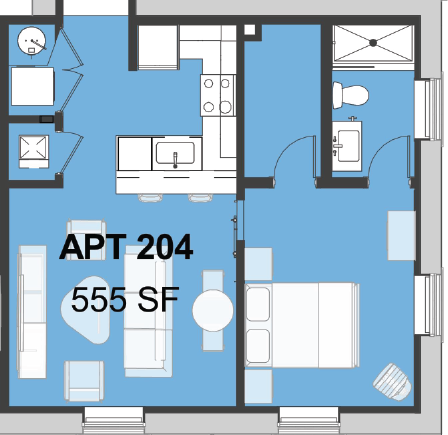 Floor plan for 1 bed, 1 bath, 544 sqft